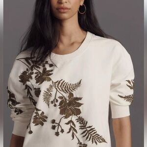 Anthropologie White Crewneck Sweatshirt with Green Botanical Embroidery